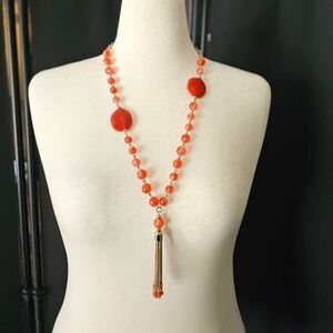 Vintage Inspired Vibrant Orange Moon Stone Gradient Beaded Necklace with Pendant